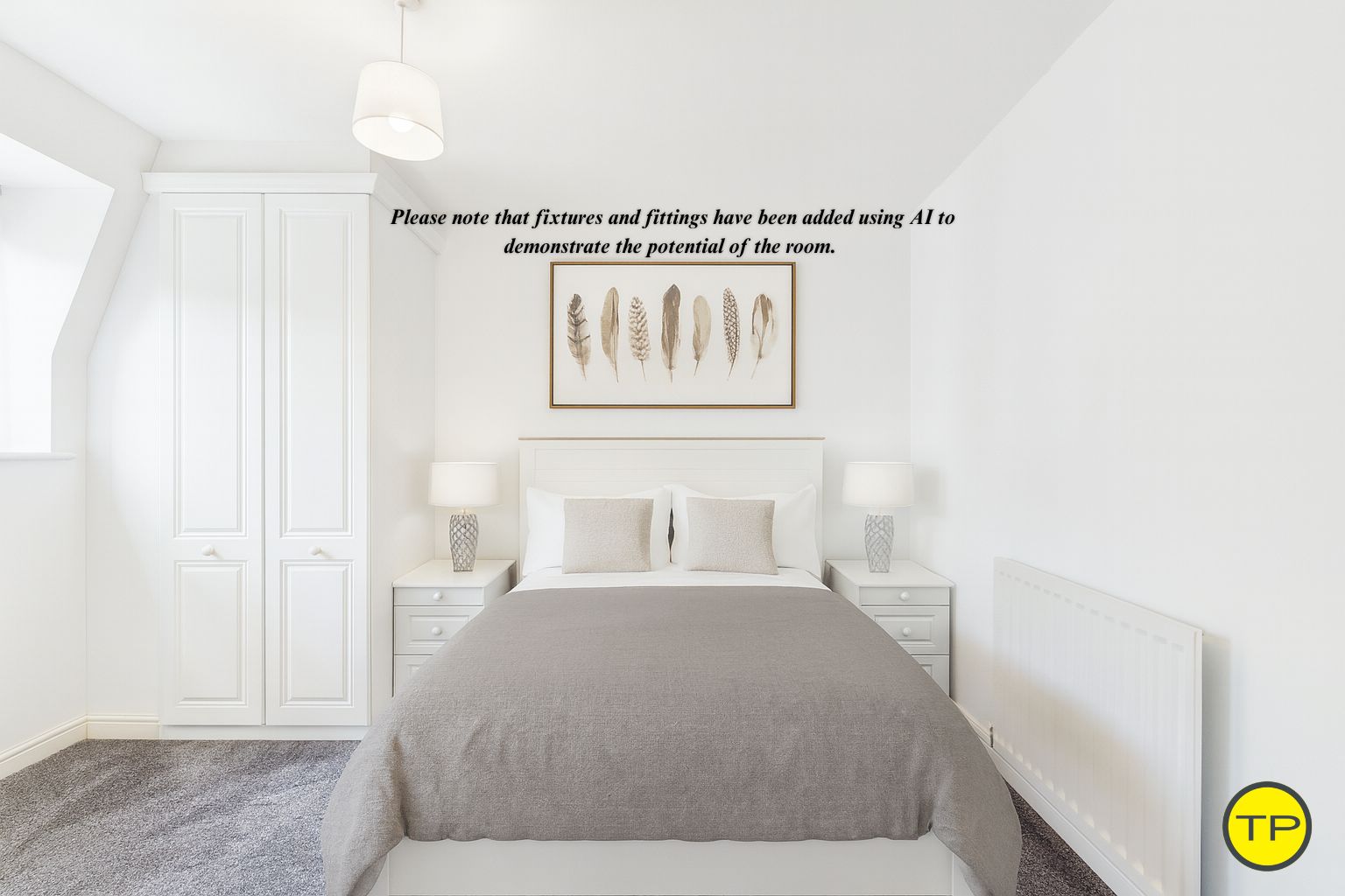 This double bedroom is decorated with bright white walls and a steel grey carpet. It benefits from two built-in double wardrobes, a shelving unit, and a window to the front of the property that brings in natural light.