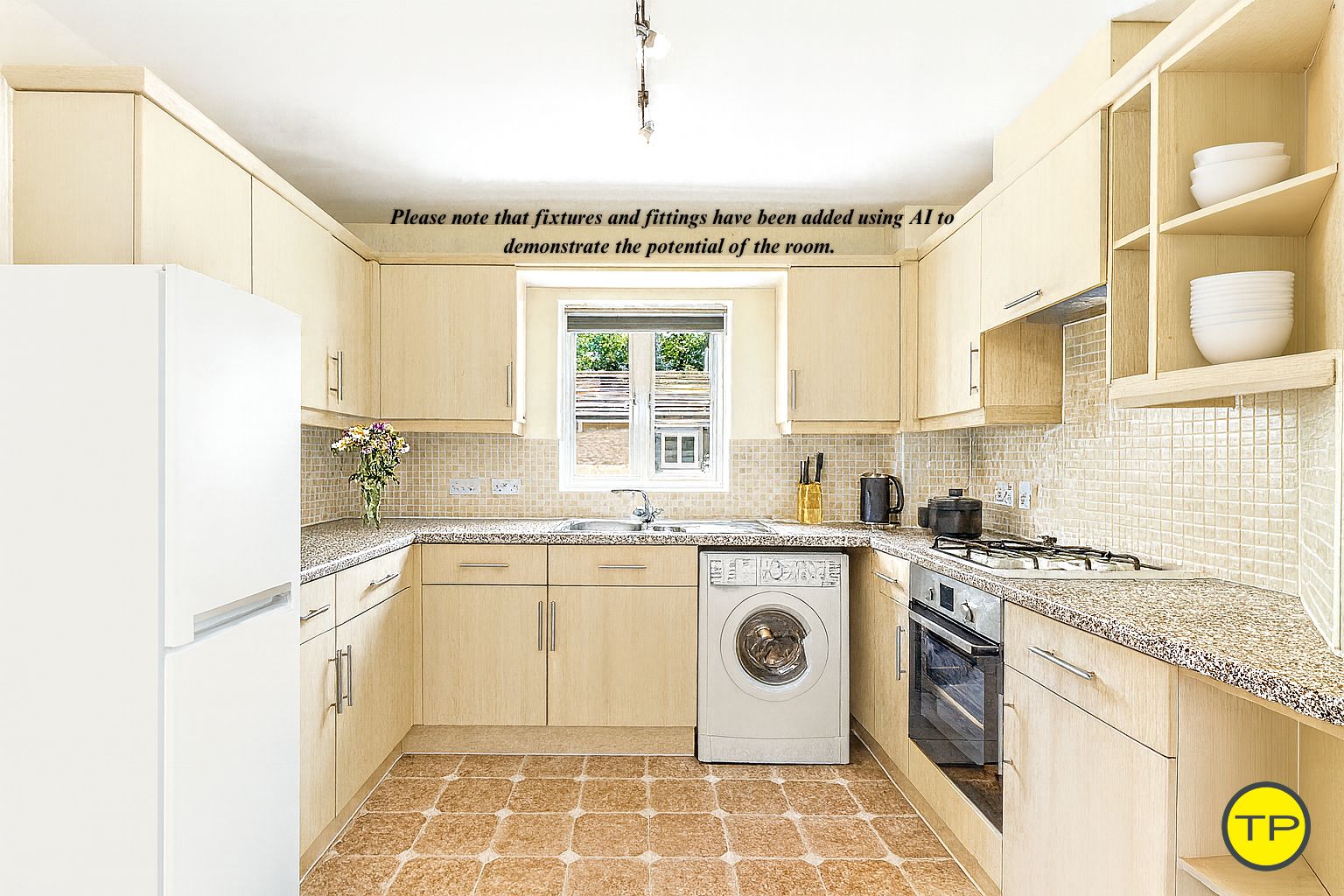 The open-plan kitchen features bright white walls with sandstone-coloured mosaic splash backs and a sandstone-effect vinyl floor. The fitted kitchen includes light oak-effect base and eye-level units, paired with a light quartz-effect laminate worktop. Integrated appliances include a white four-ring gas hob, electric oven, and an extractor above. There is also space and plumbing for a washing machine and fridge freezer. A window to the front of the property adds additional light to the space.