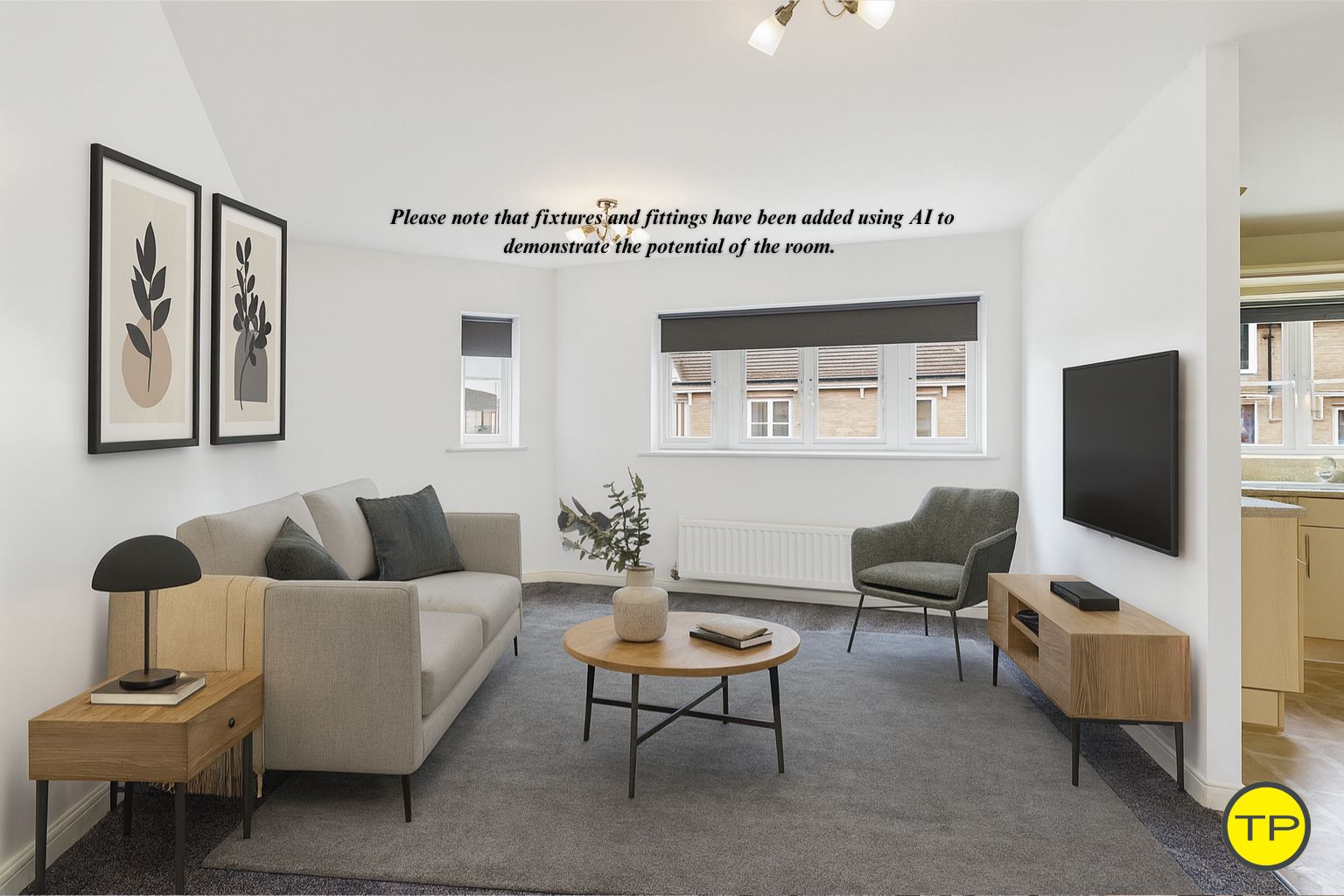 The spacious lounge area is finished with bright white walls and a steel grey carpet. Two large windows to the front of the home fill the space with light. The lounge is open-plan to the kitchen and also offers access to a loft space.